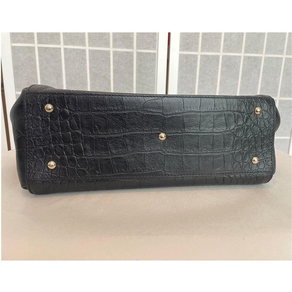 MCM Munchen Black Croc Embossed Leather Tote Gold Hardware Lock Key Designer - Picture 3 of 7
